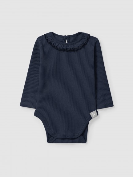 Bodysuit ribbed jersey with ruffled collar