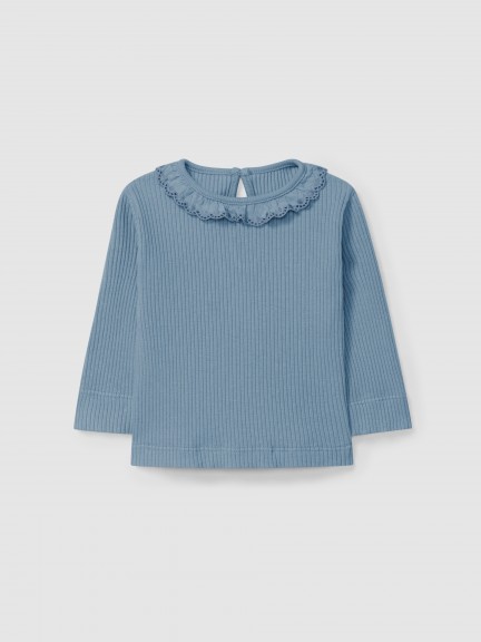 Longsleeve em malha canelada com gola de folho